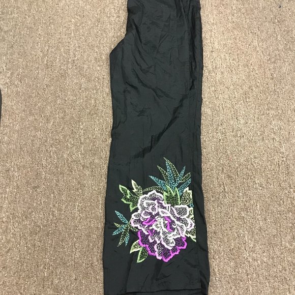Vivienne Tam black silky embroidered high rise pants vintage 2 Medium